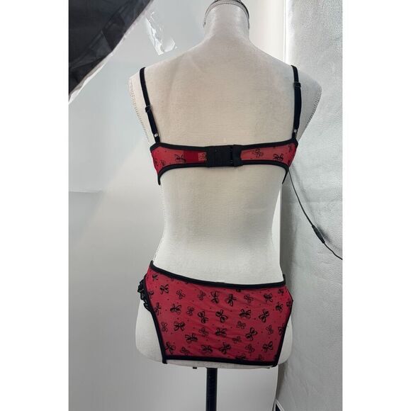 Red & Black Sheer Lingerie Set – Size Large – Crotchless – Bow Print – Ruffle Tr - Picture 6 of 12